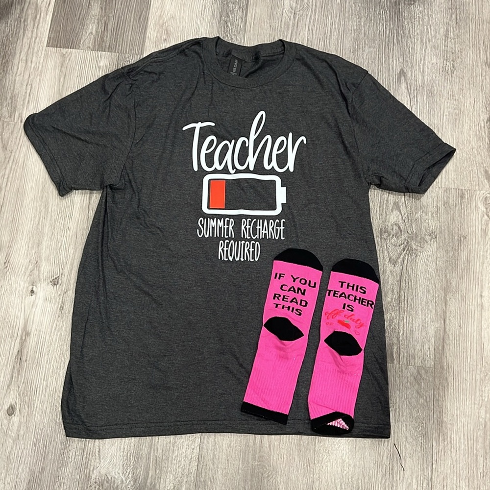 NWOT Teacher Bundle of ABC T-shirt (s) & Recharge T-Shirt (m) w/pouch & socks